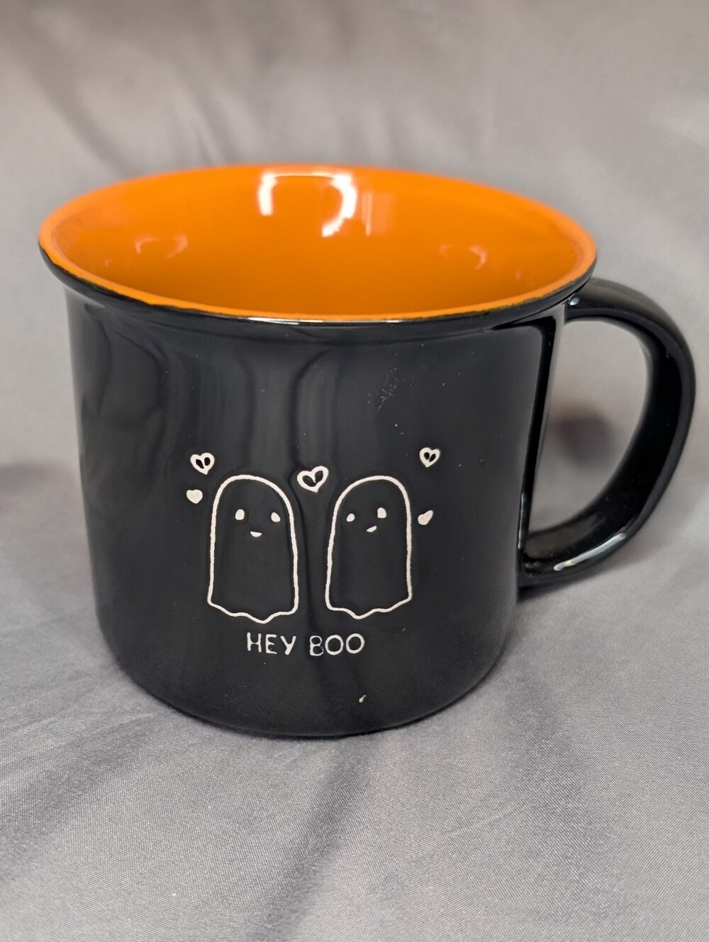 Hey Boo Ceramic Mug - Black Exterior with Orange Interior